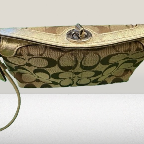 Coach Handbags - Coach Foldover TurnLock Khaki Canvas with metallic Leather Trim Wristlet